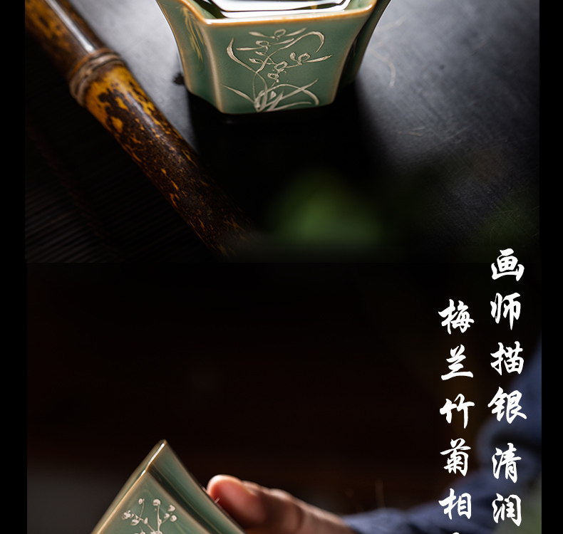 The Owl up jingdezhen tea set manually old name plum green square silver painting masters cup kunfu tea cups antique tea sets