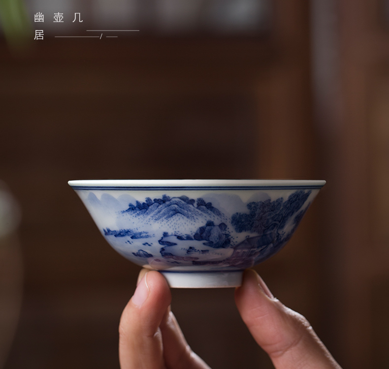 Owl up jingdezhen blue and white landscape cup drawing hat to maintain tea cup kongfu master cup single CPU