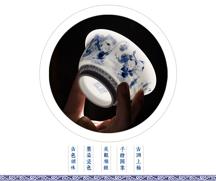 Jingdezhen kung fu tea set manual hand - made tea set under the blue and white glaze color lad ceramic bowl tureen three cups