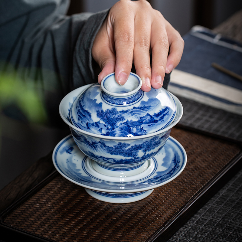 The Owl up jingdezhen blue and white landscape painting of ceramic tea set maintain burned hand tureen tea bowl cups of tea