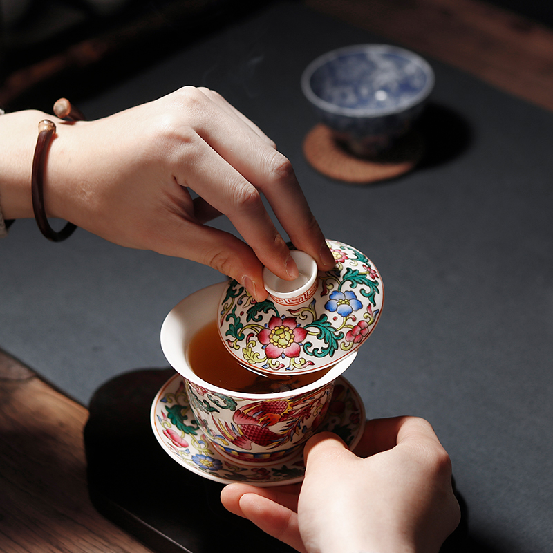 The Owl up enamel longfeng grain hand - made enamel tureen tea set three cup of jingdezhen antique tea set manually