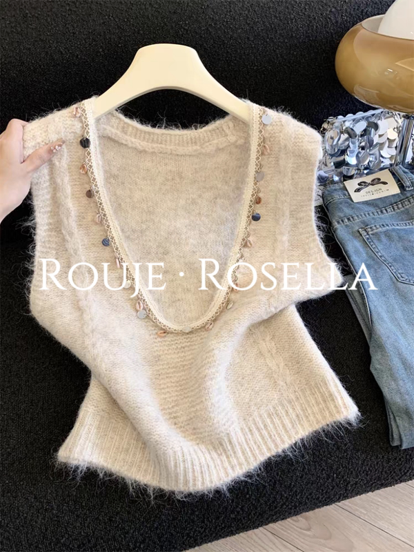 French Rouje Rosella Is Sweet and Versatile ⭐ Knitted Vest for Women in Autumn and Winter, High-End, Slimming, Sleeveless Vest