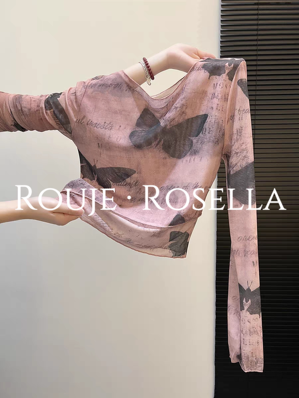 French Rouje Rosella Is Highly Recommended by Fans ⭐ Tie-Dye Butterfly Print Mesh Long-Sleeved Women's Slim-Fitting Top