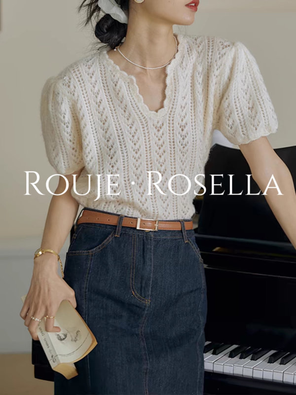 French Rouje Rosella ⭐ French Retro Hollow-Out Knit Sweater for Women, Stylish Pullover, Lazy Style Top