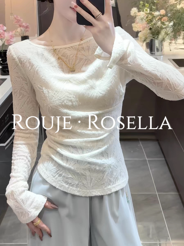 French-Style White Lace Long-Sleeve T-Shirt for Women, Early Spring Thin Inner Layer Top
