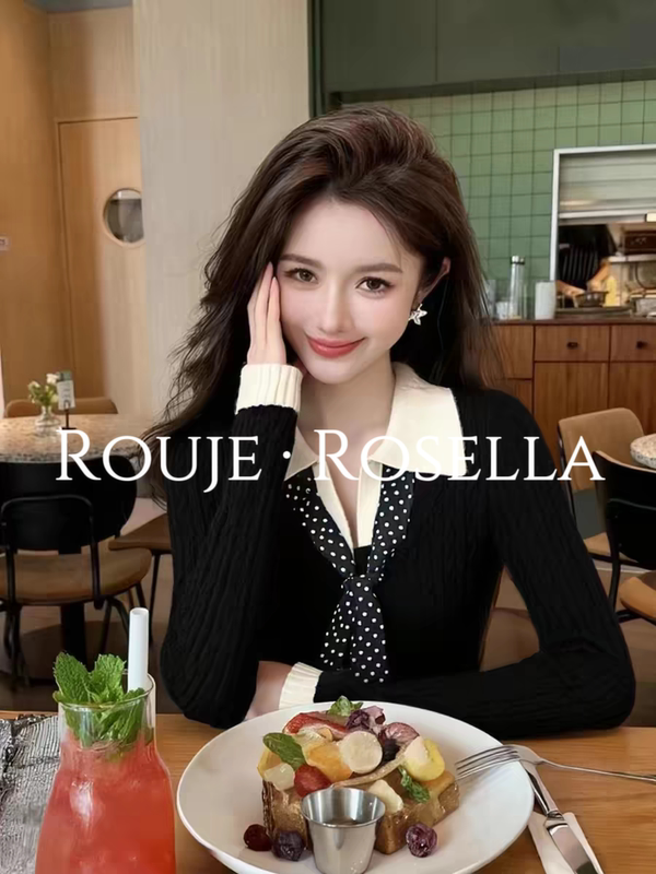 French Rouje Rosella Is Exquisite and Fashionable ⭐ Polka-Dot Silk Scarf Spliced Fake Two-Piece Knitted Women's Autumn and Winter Top