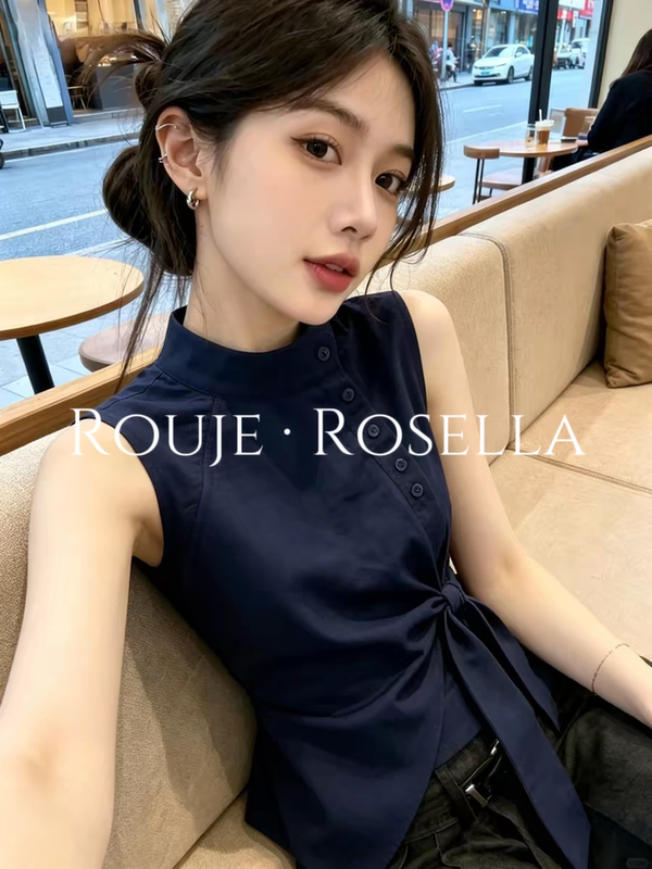 French Rouje Rosella ⭐ French-Style Blue Shirt for Women, Summer Stand-Up Collar, Sleeveless, Tie-Up Shirt