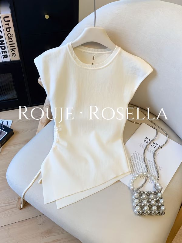French Rouje Rosella ⭐ Irregular Drawstring Sleeveless T-Shirt for Women, Summer Back Hollow Design Slim Fit Top French Rouje Rosella ⭐ Irregular Drawstring Sleeveless T-Shirt for Women, Summer Back Hollow Design Slim Fit Top