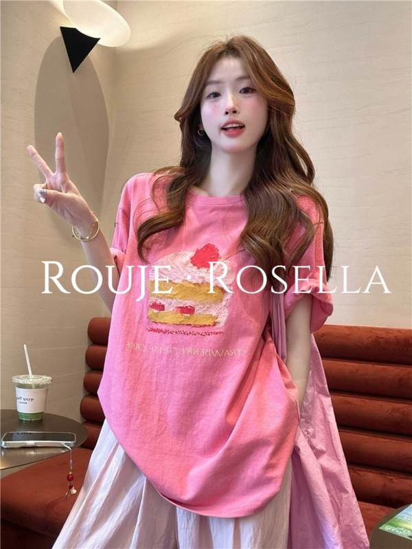 French Rouje Rosella ⭐ Dopamine Style Pink Cartoon Print Short-Sleeve T-Shirt for Women Summer Top