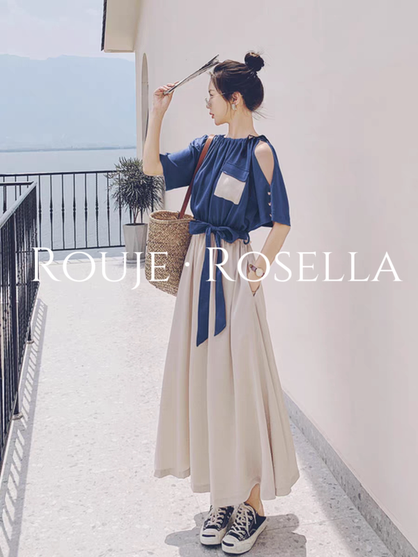 French Rouje Rosella ⭐ French Retro Hepburn Style Niche Long Dress Off-Shoulder Dress