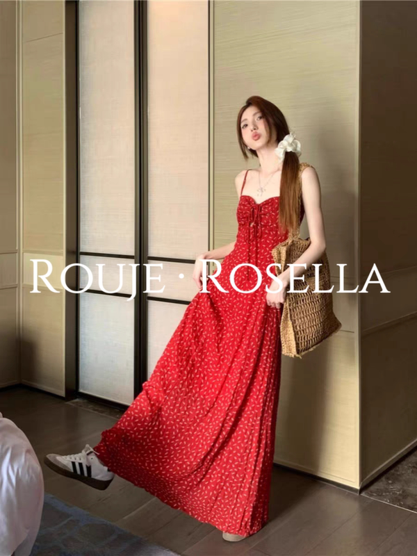 French Rouje Rosella ⭐ Retro Floral Skirt Red Dress Women's Summer Sexy A-Line Suspender Long Skirt French Rouje Rosella ⭐ Retro Floral Skirt Red Dress Women's Summer Sexy A-Line Suspender Long Skirt