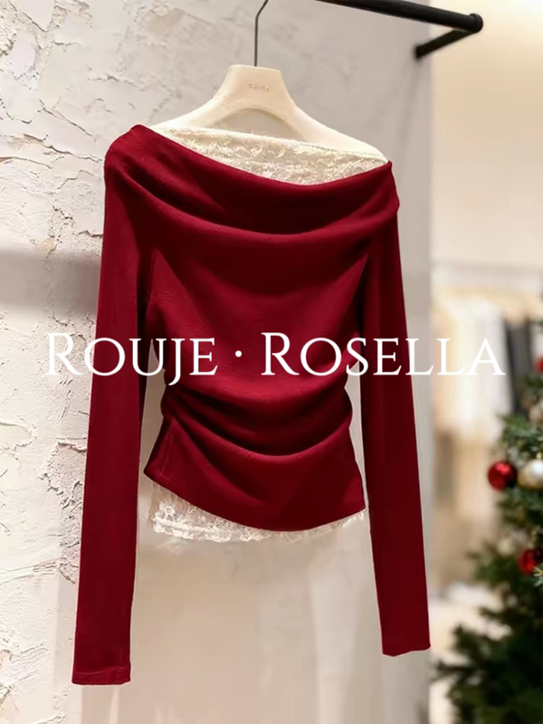 French Rouje Rosella ⭐ Red Lace Spliced ​​Sweater with Swung Collar for Women, Autumn and Winter Inner Layering Top