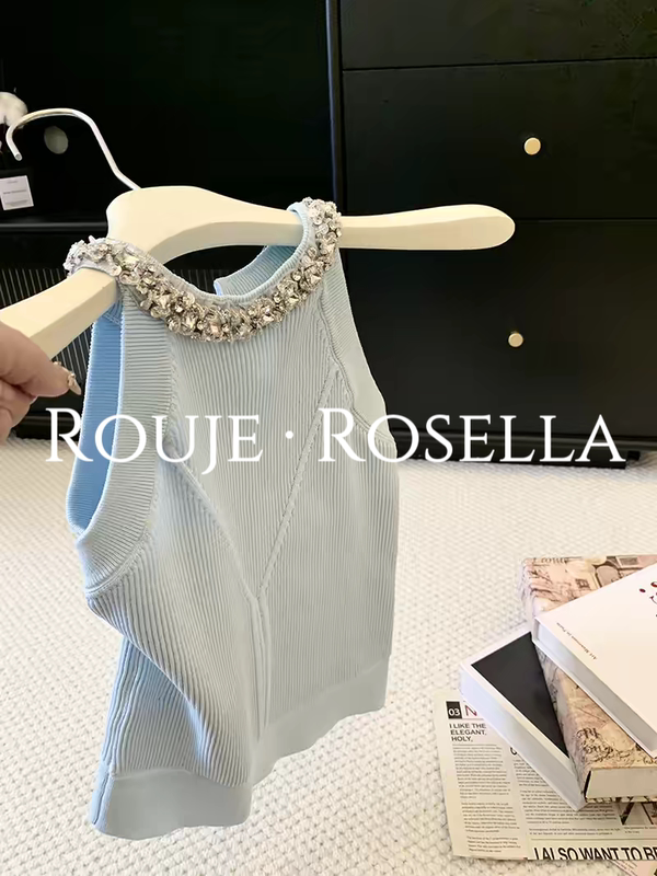French Rouje Rosella Exquisite Album ⭐ Heavy-Duty Diamond-Embellished Halter Neck Knitted Vest Round Neck Sleeveless Top