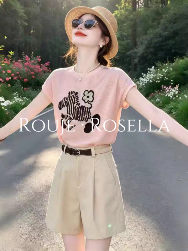French Rouje Rosella ⭐ Cute Zebra Pattern Short-Sleeved T-Shirt for Women, Summer French Casual Loose Top French Rouje Rosella ⭐ Cute Zebra Pattern Short-Sleeved T-Shirt for Women, Summer French Casual Loose Top