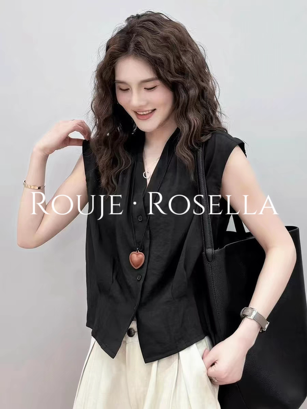 France Rouje Rosella ⭐ Fashionable and Elegant V-Neck Sleeveless Shirt for Women, Summer High-End Unique Outerwear Top.