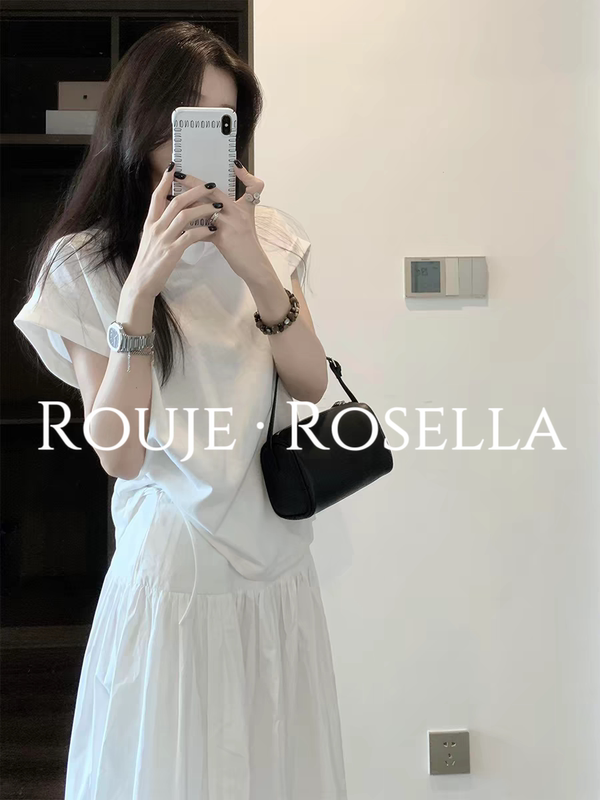 French Rouje Rosella ⭐ Unique White Flutter Sleeve T-Shirt for Women, Summer Design, Niche Short Top