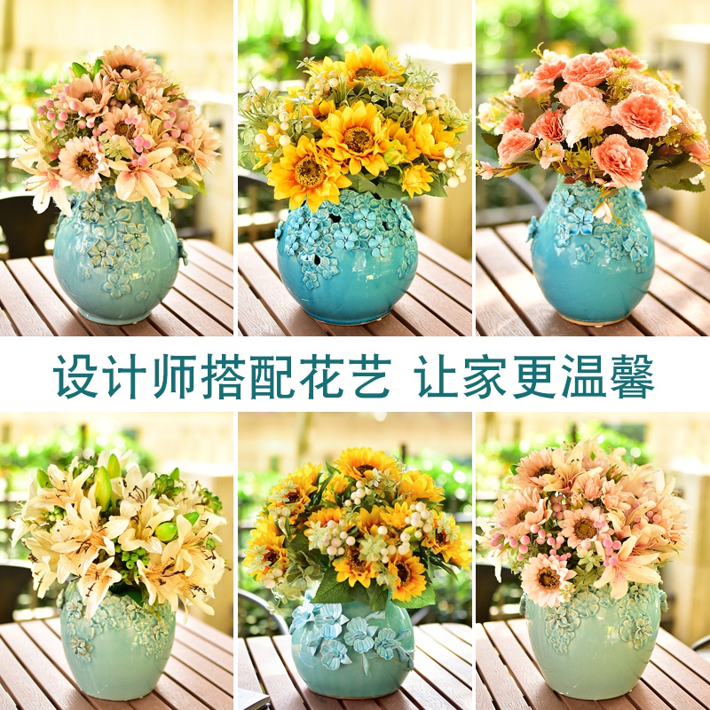 Manual blue vase ceramic living room TV cabinet table decorations furnishing articles Nordic contracted simulation flowers, dried flowers, flower arrangement