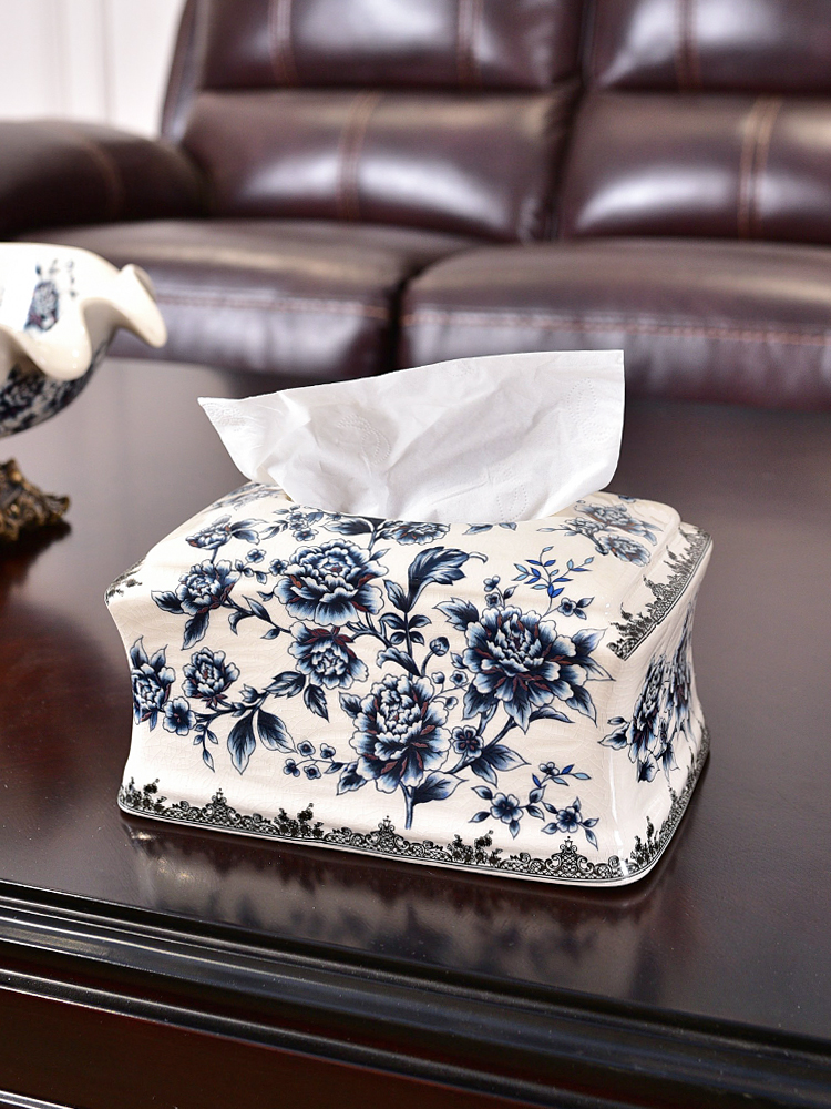 New Chinese ceramic tissue box Living room coffee table American blue and white retro dining room household napkin toilet paper box ornaments