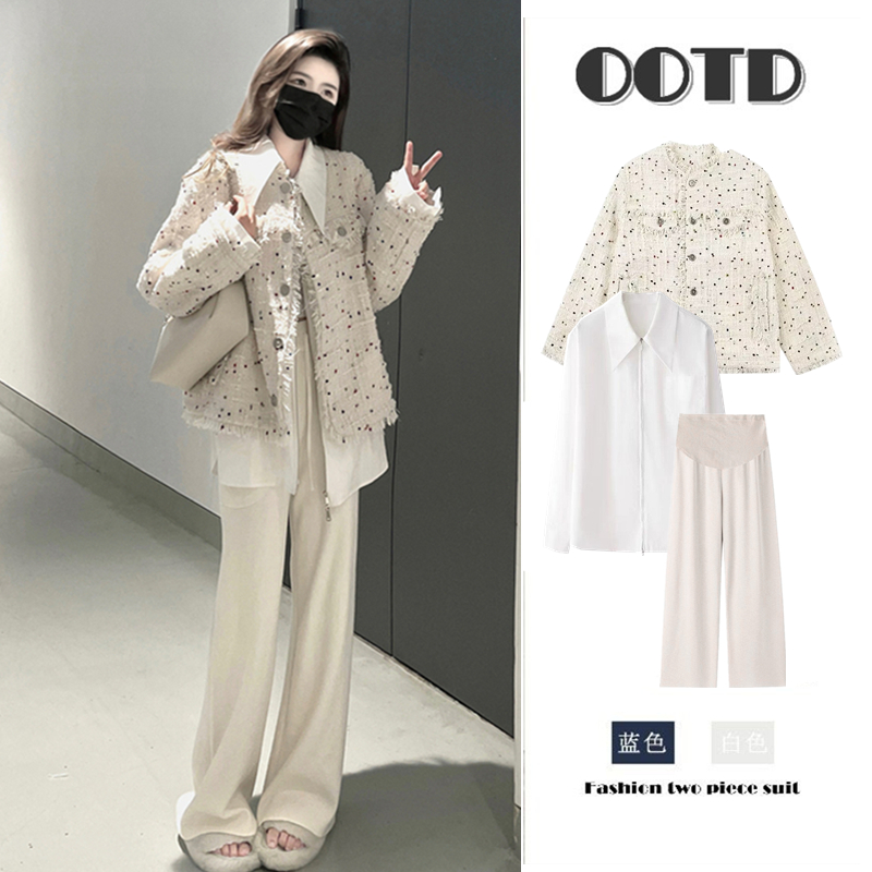 Pregnancy Woman Dress Autumn Winter New Fashion Korean Version Small Balsamic Wind Streaming Su Short Coat White Shirt Broadleg Pants Two Sets-Taobao