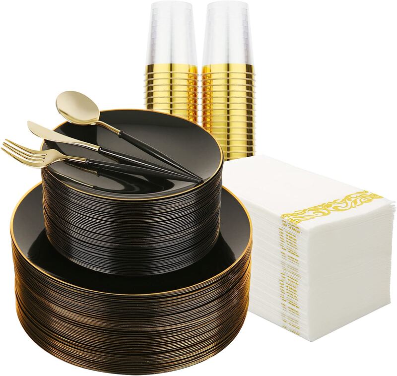  Pack of 25 Disposable Black Gold-Rimmed Plates, Pure White Plastic Plates, Hard Gold-Rimmed Western-Style Plates, Steak Plates