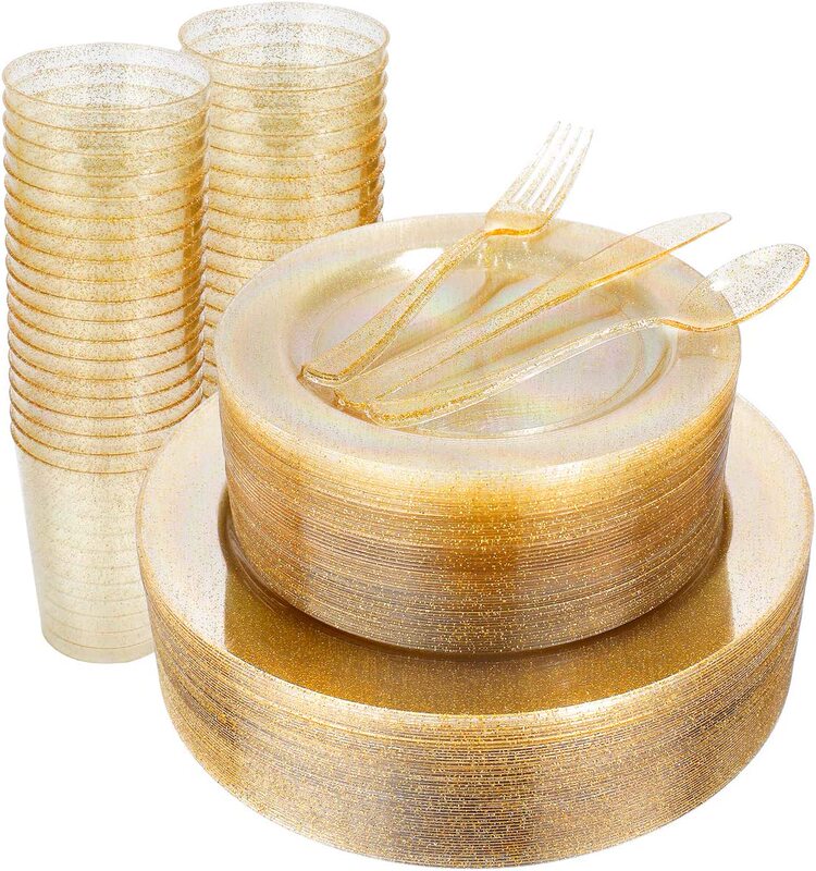  Disposable Gold Powder Plates, Hard Plastic Imitation Porcelain, Gold Hollow-Out Western-Style Plates, Steak Plates, Gold Powder Dinner Plates, 25 Pieces
