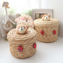 Natural wheat straw storage basket pastoral with cover hand-woven storage basket cosmetics underwear storage box steamed bread basket