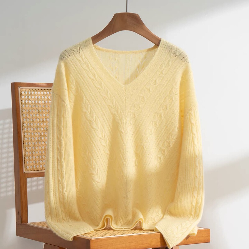 Kang A-Grade Yarn Hollow-Out 100% Cashmere V-Neck Jacquard Cashmere Sweater Long-Sleeve Loose Base Knit Sweater Aesthetic