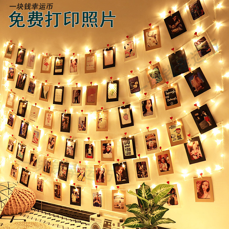 Creative photo wall decoration photo frame Composition hanging rope free of punch and hemp rope clip No mark print wash photo hanging wall-Taobao