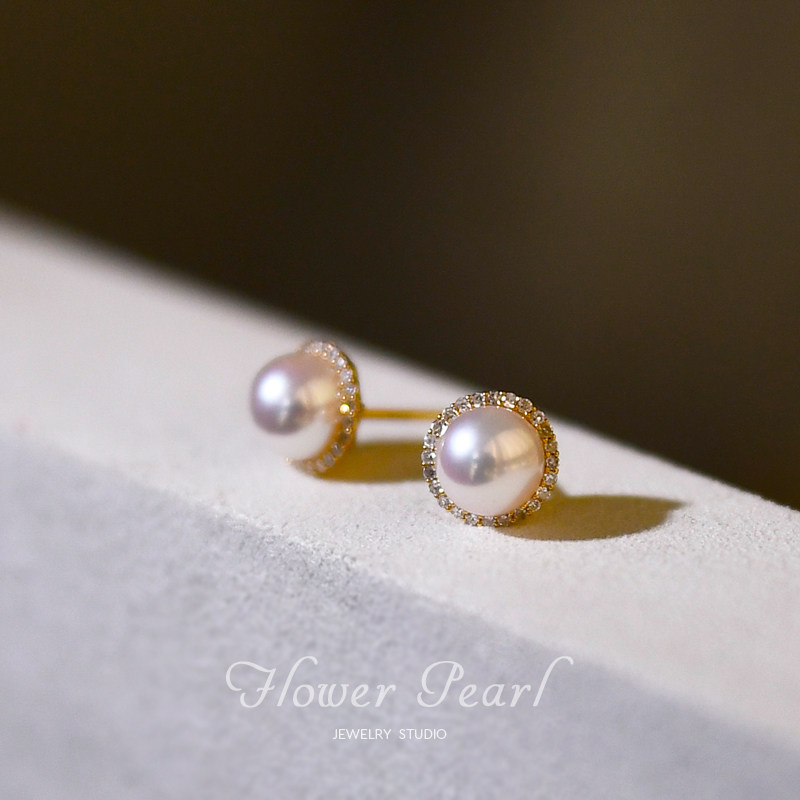 Hashida • Sun and Moon Stars Diamond Mass with Japanese Aurora Akoya Natural Sea Water Pearl 18k Golden Ear Needle