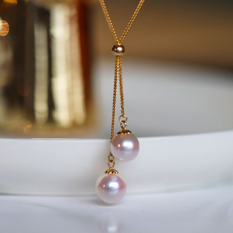 Repair face shape 18K gold Y word double bead adjustable chain Japan imported Aurora Akoya natural seawater pearl necklace