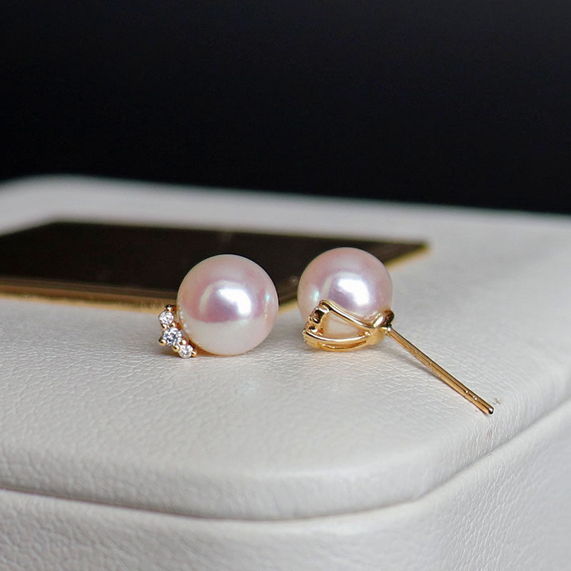 Three Diamonds 18K Gold Japan Imported Aurora Mirror Akoya Natural Seawater Pearl Earrings Earrings Eyelash Earrings