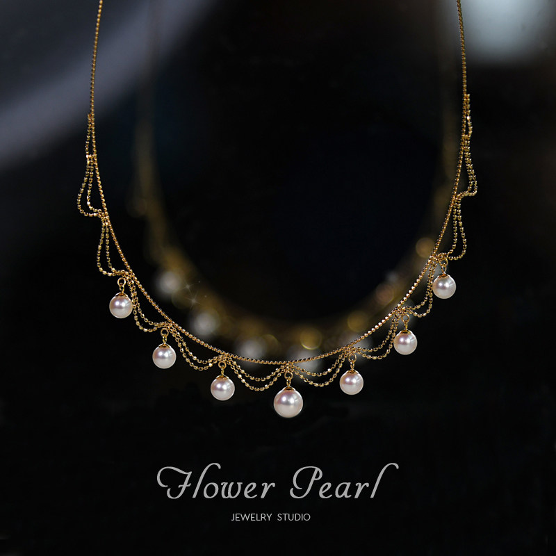 Seven Princesses Japan Aurora Akoya Sea pearl 18K gold laser dazzling flash beads Bead chain Lace Collar Necklace