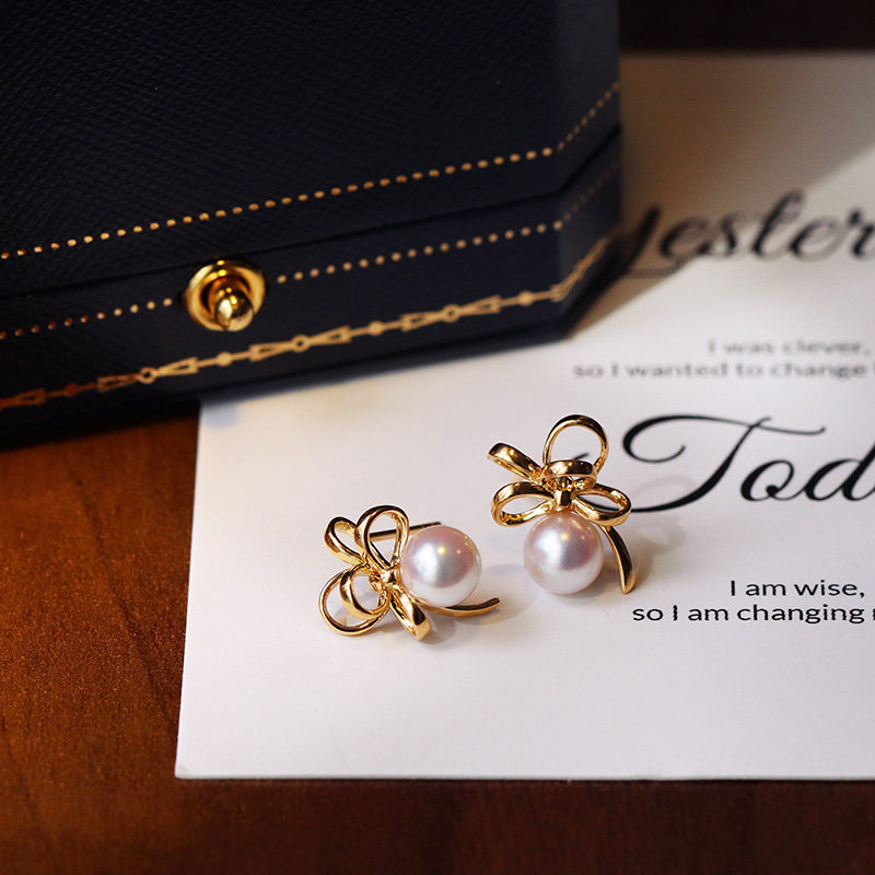 Love's Lilly M Home 18K Gold Silk with butterfly knot Japan Aurora Akoya natural seawater pearl earnail