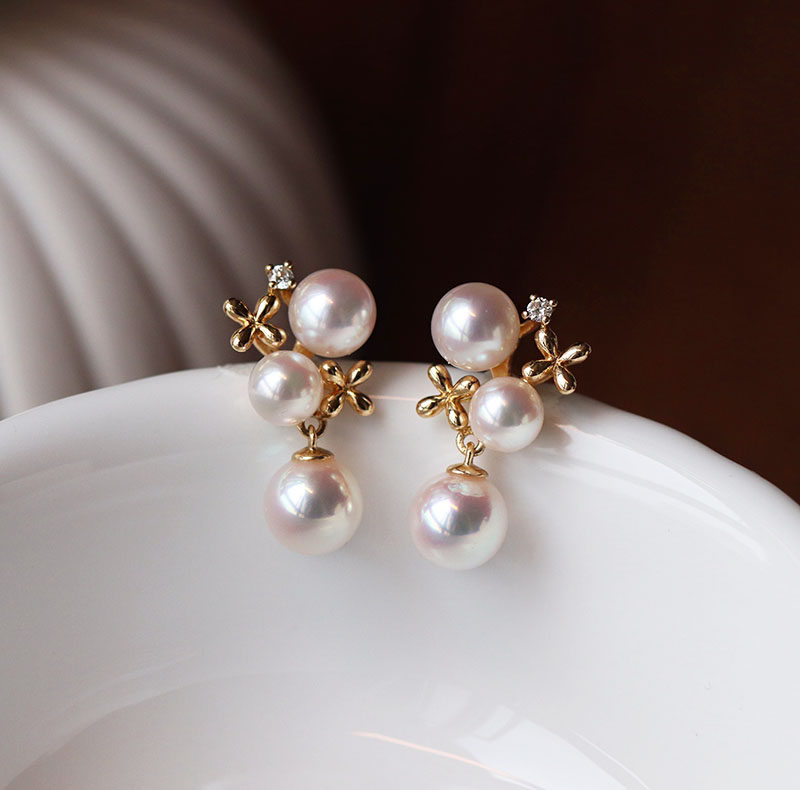 Colorful multi-bead thick gold version of Japan imported Akoya seawater pearl color Rin beads diamond drop earrings earrings earrings