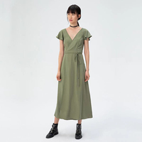 ABLE JEANS Women's Comfortable Tencel Dress V Summer Versatile Long Version Waist Slimming Solid Color Dress