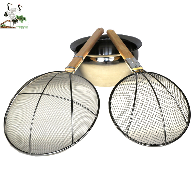 Large colander wooden handle fishing fence Stainless steel fan leakage fence Encrypted fishing surface oil leakage spoon wooden line leakage net kitchen