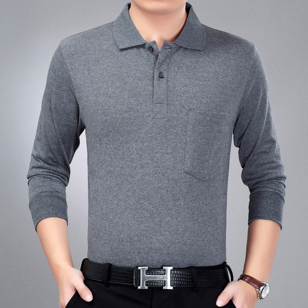 Mùa xuân và mùa hè nam t-shirt dài tay ve áo trung niên sọc polo nam lỏng áo sơ mi trung niên giản dị cha mặc T-Shirt