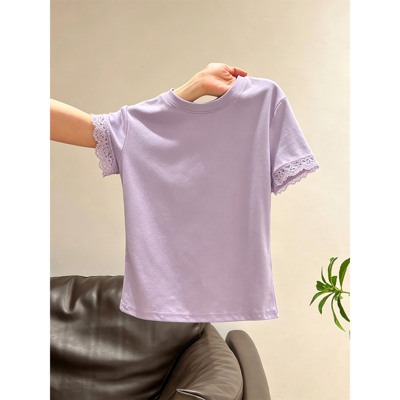 French-Style Sweet Lace-Trimmed Short-Sleeve T-Shirt for Women in Light Purple, Round Neck, Slim Fit, High-End, Age-Reducing Top French-Style Sweet Lace-Trimmed Short-Sleeve T-Shirt for Women in Light Purple, Round Neck, Slim Fit, High-End, Age-Reducing Top