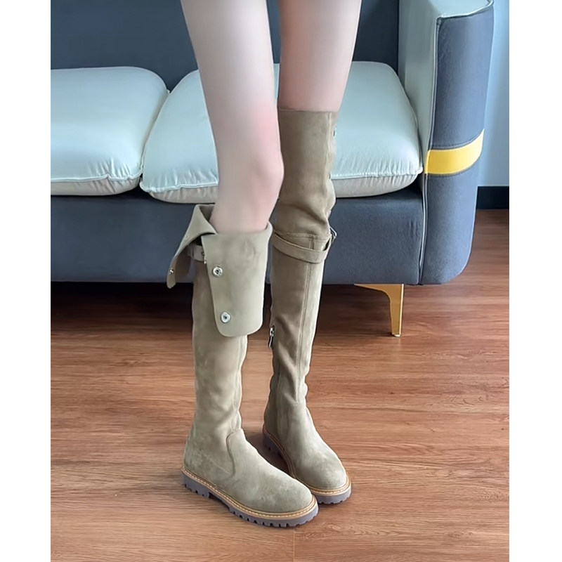 Small Grapes Over Knee Long Boots Woman 2023 Autumn Winter New Lean Long Barrel Boots Flat Bottom Retro Two-Wear Suede Boots-Taobao