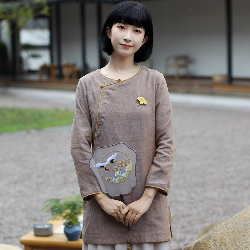 National style element women's Buddhist dress Chinese style pure linen robe Mid-length tea artist overalls Tea dress female