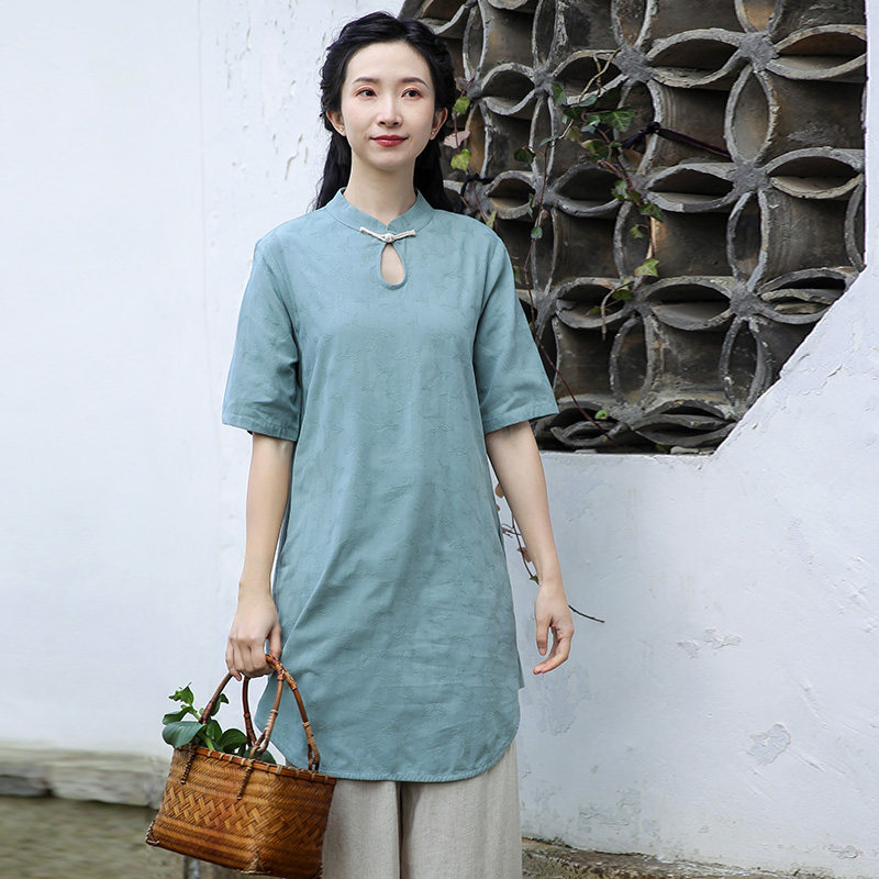 Buddhist Zen Women's Clothing Zen Style Pink Short Sleeves Improved Cheongsam Tops Tea Artist Costume Tea Costume Summer 2022