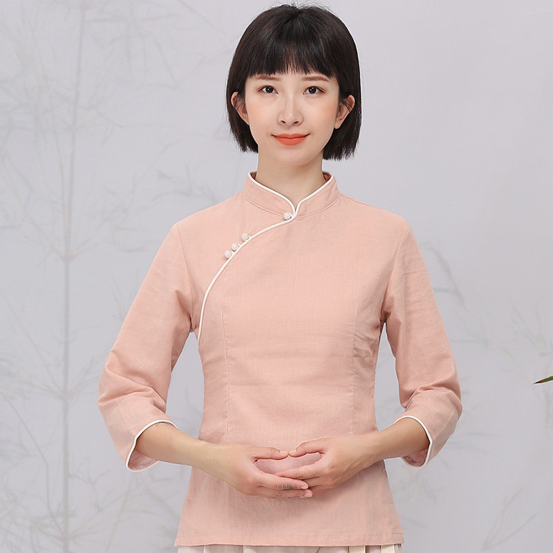 Cotton and linen cheongsam top short improved Chinese Zen women's clothing Chinese style tea art clothing Erxi tea clothing women's spring and autumn