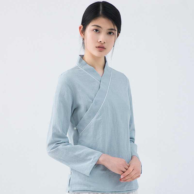 Erxi tea dress Women's Cheongsam top Retro modified cotton and hemp Han Suit Daily Chinese style Zen suit Chinese Tea man suit