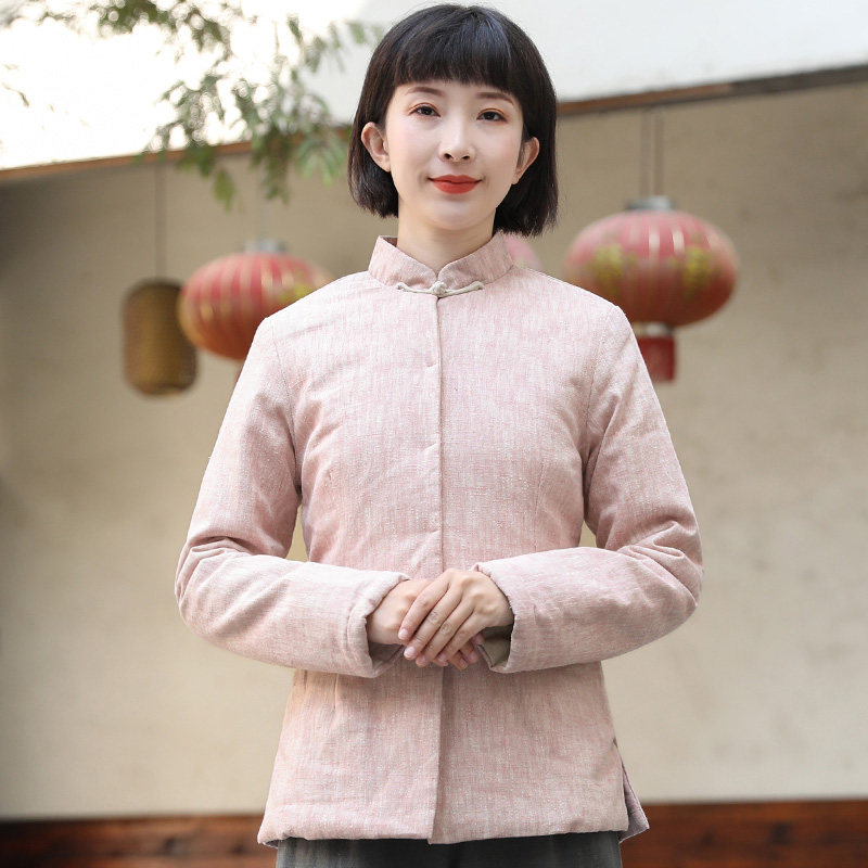 Tang suit Chinese small cotton-padded jacket short modified plate buckle hemp jacket cotton winter two-happy tea clothing temperament literature and art