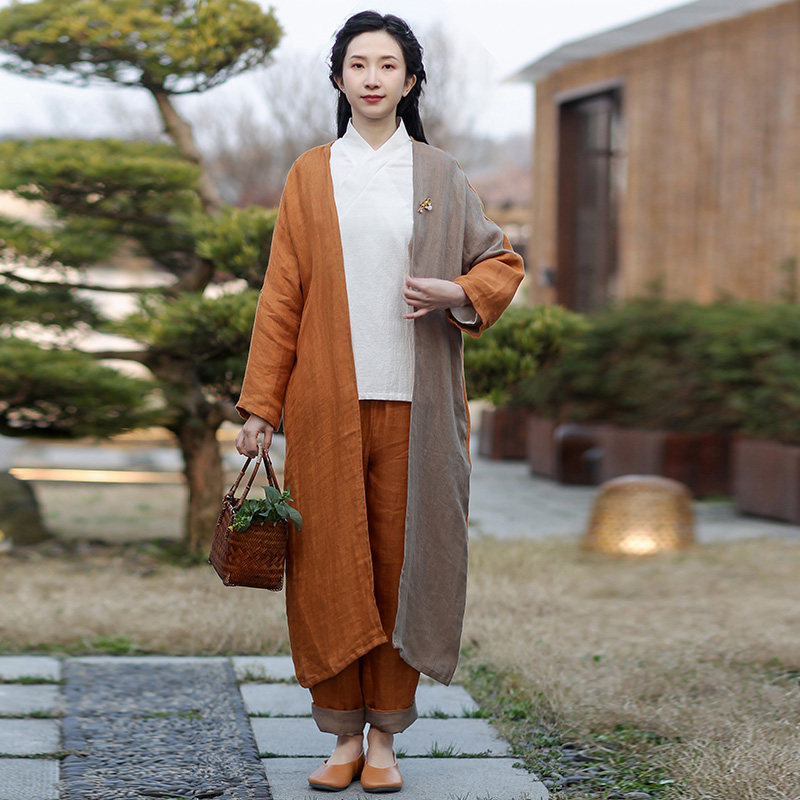 2022 Spring II Festive Coat Art Retro Tea Suit Women Bifacial Color Weave Linen Zen in a long cardiovert