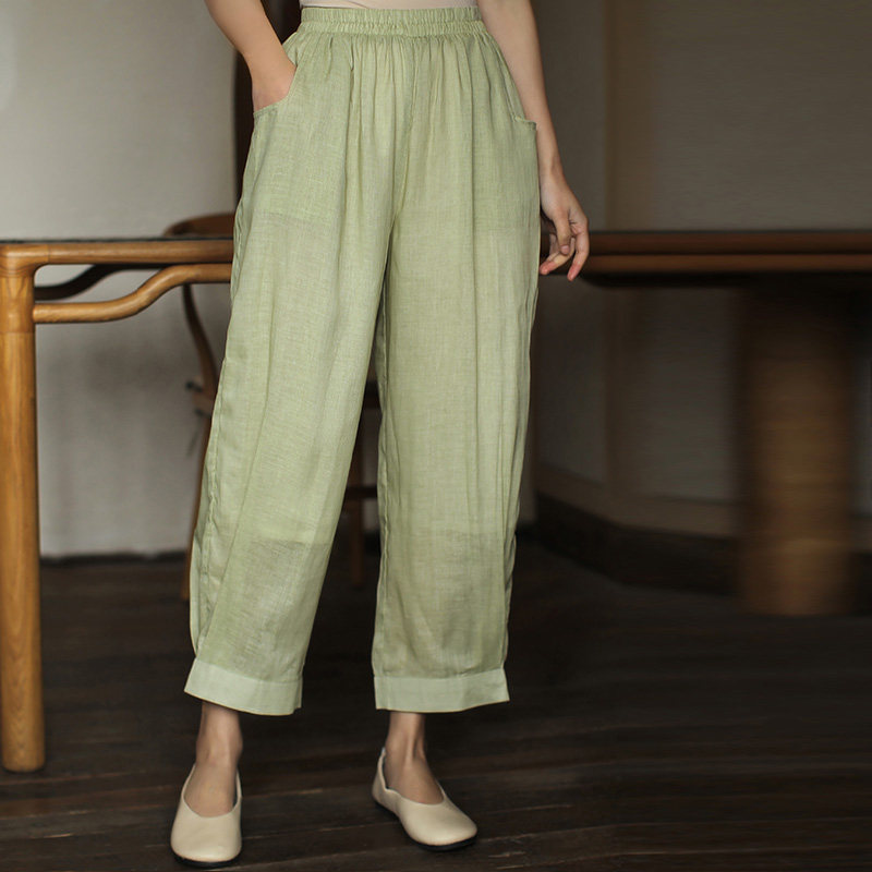 Hemp fairy trousers high-quality cotton and linen wide trousers women's summer thin small trousers harem pants elastic waist nine-point pants
