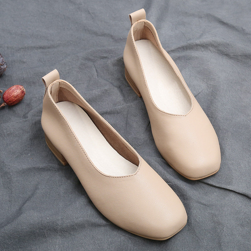 All-match medium-heeled grandma shoes thick heel square toe women's shoes Zen women's shoes soft leather shallow mouth shoes tea clothes shoes