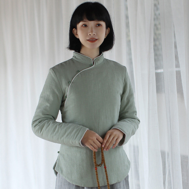 Chinese retro Tang suit women's small padded jacket short quilted Chinese style cotton and linen light and small tea clothes thickened in winter
