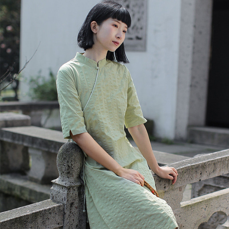 Republic of China style small dress improved cheongsam skirt Zen beauty clothes slightly fat cover belly slimming tea Chinese style retro dress