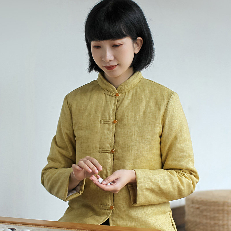 Erxi tea clothes winter ethnic style cotton and linen retro small padded jacket Zen plain clothes Chinese style quilted Tang suit thin padded jacket women